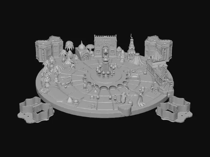 3D model for A highly detailed 3D model of a fantasy board game map "Plaza del Bazar Flotante", isometric, low-poly or stylized, vibrant colors. Circular path with numbered colored squares (1-60) showing dice, card, question, sword, gem symbols.
Center: Floating crystal plaza with dice fountain, dice-head statue, transparent Crystal Card Shop.
Four biomes clockwise: FOREST: wise oak with card-leaves, vine bridge, mushroom houses. DESERT: glowing pyramid, oasis caravan with floating cards, sphinx. ICE: glowing igloos, ice bridge, ice crystals. VOLCANO: forge with cards in flames, lava platforms, temple with eternal flames.
Additional: Mini-game tower, tavern, treasure vault. Four player miniatures: wizard, knight, rogue, fairy.
Background: Floating islands with mini-game arenas.