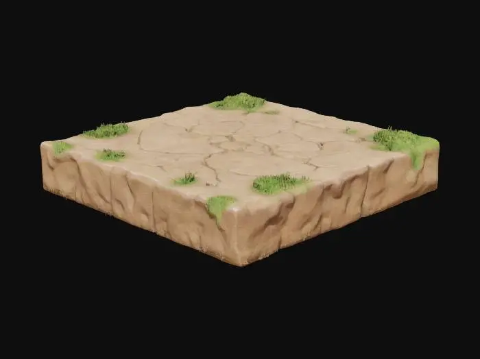 3D model for Generate a realistic 3D ground object. The ground should be flat and slightly uneven, resembling natural terrain. It should have a detailed texture with small bumps, cracks, and realistic dirt patterns. Optionally, add some scattered grass patches and subtle elevation changes to make it more natural. The object should be optimized for use in 3D environments such as gaming or simulation., Stylized, Fantasy, Highly Detailed, Ceramic