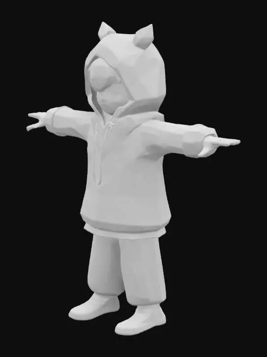 3D model for T-pose, Symmetrical Body, Full Body, Highly Detailed, The object is a stylized 3D character with chibi proportions, featuring a geometrically simple outfit consisting of a black and white hoodie, gray pants, and sneakers, with smooth textures and minimal shading., Anime, Game Assets