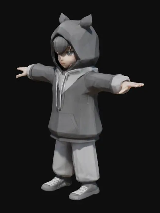 3D model for T-pose, Symmetrical Body, Full Body, Highly Detailed, The object is a stylized 3D character with chibi proportions, featuring a geometrically simple outfit consisting of a black and white hoodie, gray pants, and sneakers, with smooth textures and minimal shading., Anime, Game Assets