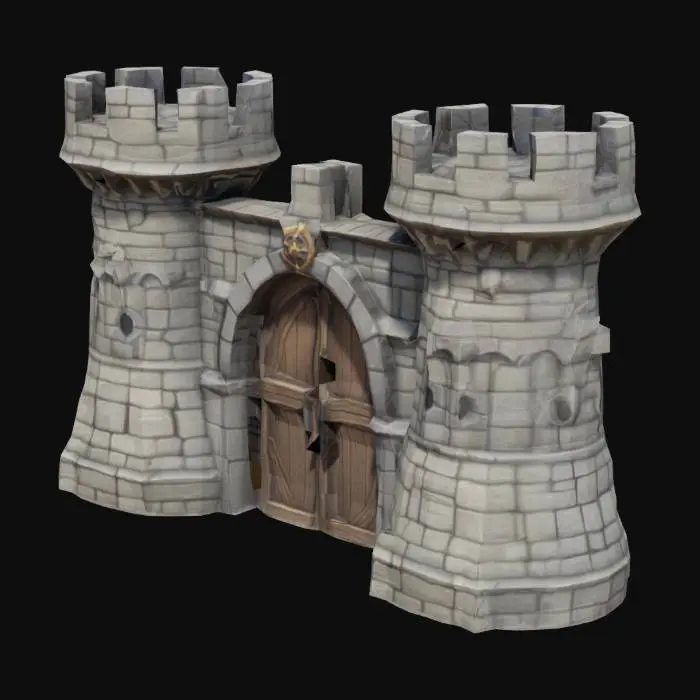 3D model for Stone gatehouse, castle wall, low poly, old, aged, gothic, clean mesh, League of Legends, Steampunk, Fantasy, Ultra Realistic, high quality, clash of clans, World of Warcraft, Game Assets,