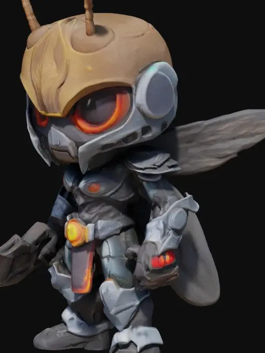 3D model for Action figure estilo funko pop do anime solo leveling, •	O ex-rei das formigas, agora servo de Jin-Woo, com sua armadura segmentada e olhos brilhantes, em uma pose de ataque.