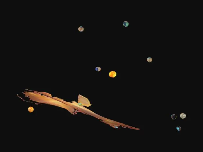 3D model for 3d holographic alien solar system map. It should look like it is on an orrery but there should be no connecting parts, just the sun and planets