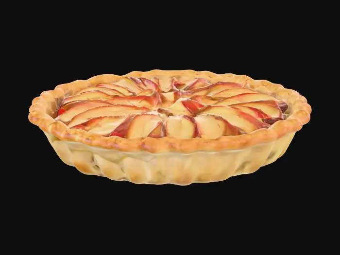 3D model for 3D model, a freshly baked apple pie with artfully arranged apple slices on top, macro photography, golden brown crust, steam rising, hyper realistic#food#