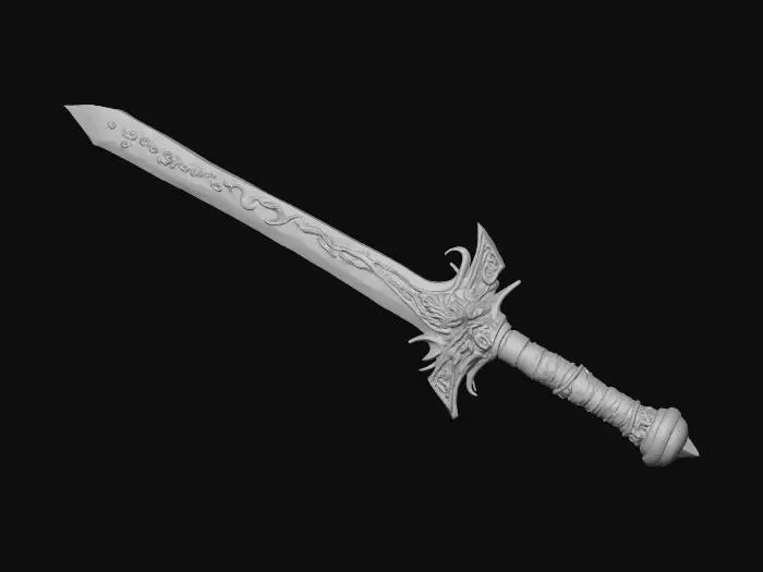 3D model for A mythical legendary greatsword with elements shifting between past, present and future. the blade is made of shiny steel, cracked crystal and plasma energy, it has dragon and ancient rune engravings. it emits blue and red glow. the grip is made with the mix of medieval wood and dragon leather. cross guard is made of ancient volcanic metal and it has futuristic neon glow.