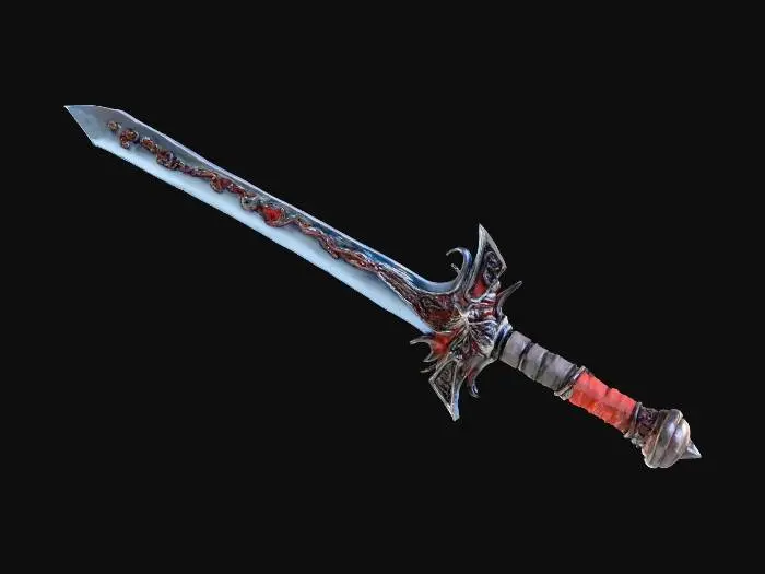 3D model for A mythical legendary greatsword with elements shifting between past, present and future. the blade is made of shiny steel, cracked crystal and plasma energy, it has dragon and ancient rune engravings. it emits blue and red glow. the grip is made with the mix of medieval wood and dragon leather. cross guard is made of ancient volcanic metal and it has futuristic neon glow.