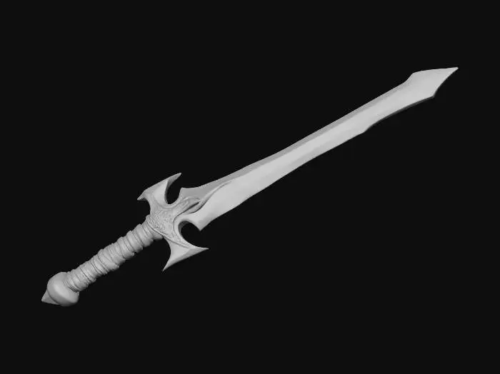 3D model for A mythical legendary greatsword with elements shifting between past, present and future. the blade is made of shiny steel, cracked crystal and plasma energy, it has dragon and ancient rune engravings. it emits blue and red glow. the grip is made with the mix of medieval wood and dragon leather. cross guard is made of ancient volcanic metal and it has futuristic neon glow.