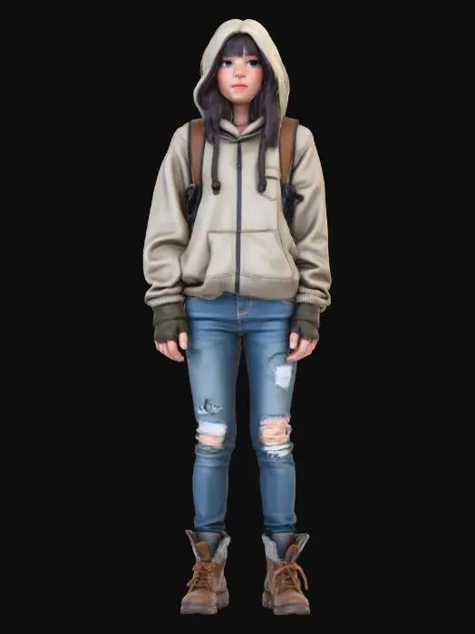 3D model for Post apocalyptic ultra realistic female young survivor in jeans