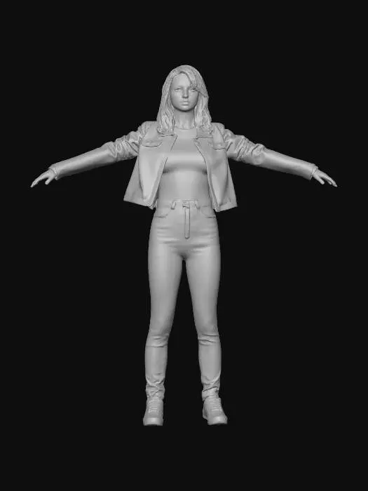 3D model for Young 20s Girl in with denim jeans and leather jacket. Realistic hair and realistic face