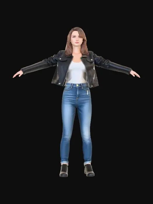 3D model for Young 20s Girl in with denim jeans and leather jacket. Realistic hair and realistic face