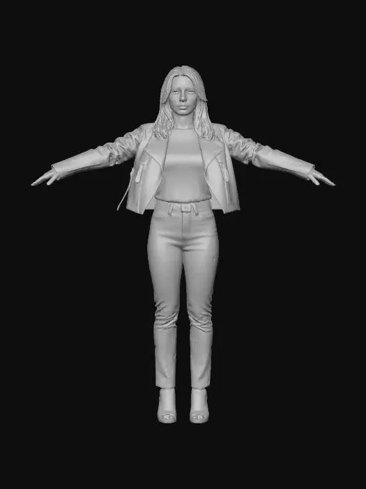 3D model for Young 20s Girl in with denim jeans and leather jacket. Realistic hair and realistic face