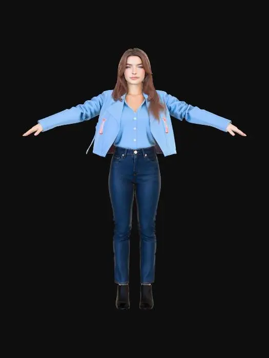 3D model for Young 20s Girl in with denim jeans and leather jacket. Realistic hair and realistic face