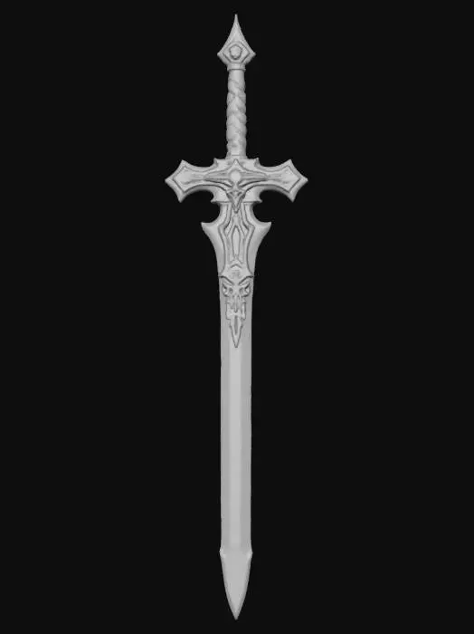 3D model for A mythical legendary greatsword with elements shifting between past, present and future. the blade is made of shiny steel, cracked crystal and plasma energy, it has dragon and ancient rune engravings. it emits blue and red glow. the grip is made with the mix of medieval wood and dragon leather. cross guard is made of ancient volcanic metal and it has futuristic neon glow.