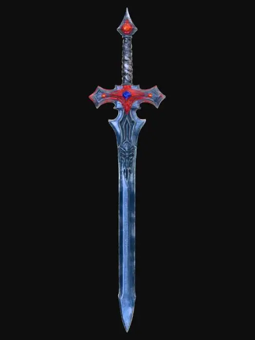 3D model for A mythical legendary greatsword with elements shifting between past, present and future. the blade is made of shiny steel, cracked crystal and plasma energy, it has dragon and ancient rune engravings. it emits blue and red glow. the grip is made with the mix of medieval wood and dragon leather. cross guard is made of ancient volcanic metal and it has futuristic neon glow.