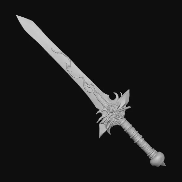 3D model for A mythical legendary greatsword with elements shifting between past, present and future. the blade is made of shiny steel, cracked crystal and plasma energy, it has dragon and ancient rune engravings. it emits blue and red glow. the grip is made with the mix of medieval wood and dragon leather. cross guard is made of ancient volcanic metal and it has futuristic neon glow.