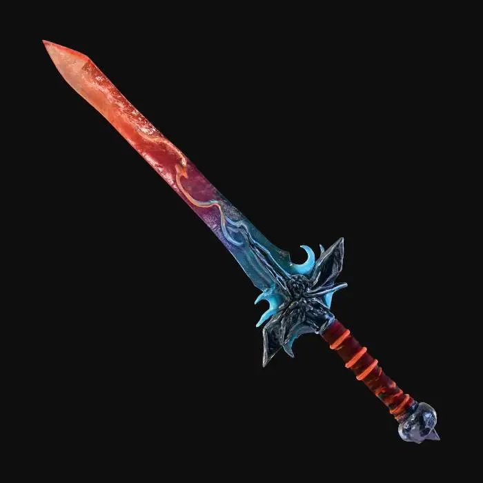 3D model for A mythical legendary greatsword with elements shifting between past, present and future. the blade is made of shiny steel, cracked crystal and plasma energy, it has dragon and ancient rune engravings. it emits blue and red glow. the grip is made with the mix of medieval wood and dragon leather. cross guard is made of ancient volcanic metal and it has futuristic neon glow.