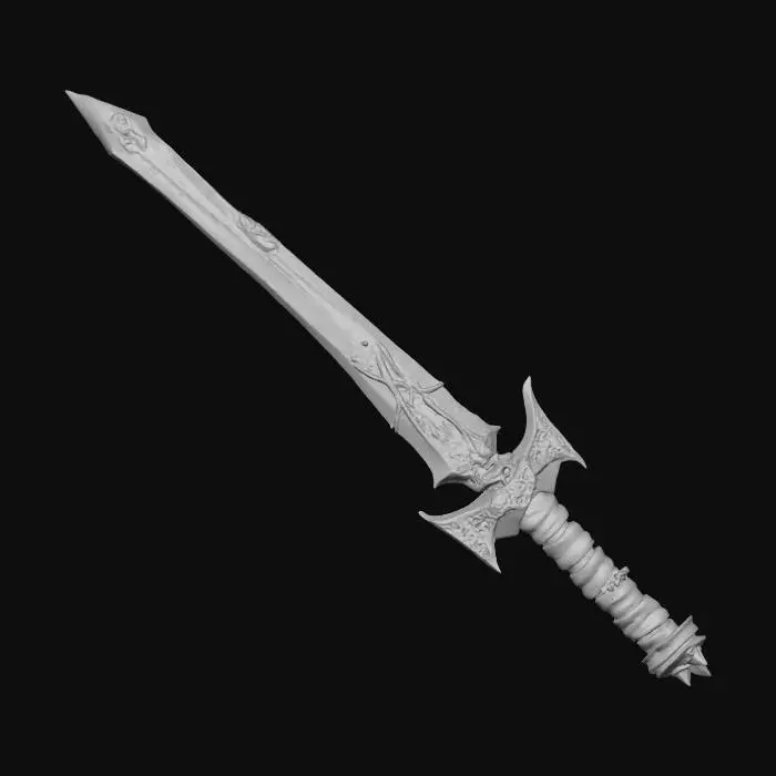 3D model for A mythical legendary greatsword with elements shifting between past, present and future. the blade is made of shiny steel, cracked crystal and plasma energy, it has dragon and ancient rune engravings. it emits blue and red glow. the grip is made with the mix of medieval wood and dragon leather. cross guard is made of ancient volcanic metal and it has futuristic neon glow.
