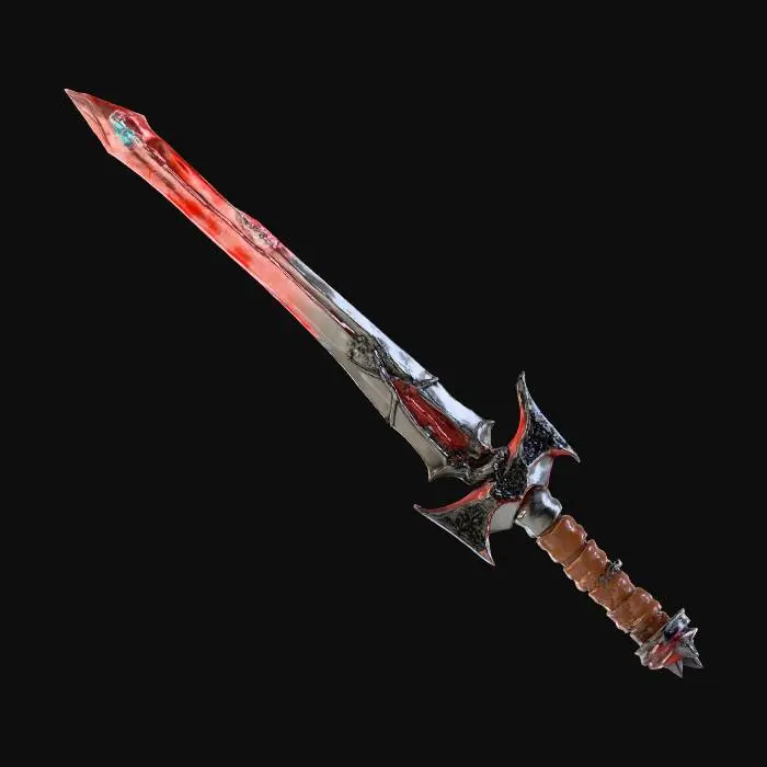 3D model for A mythical legendary greatsword with elements shifting between past, present and future. the blade is made of shiny steel, cracked crystal and plasma energy, it has dragon and ancient rune engravings. it emits blue and red glow. the grip is made with the mix of medieval wood and dragon leather. cross guard is made of ancient volcanic metal and it has futuristic neon glow.