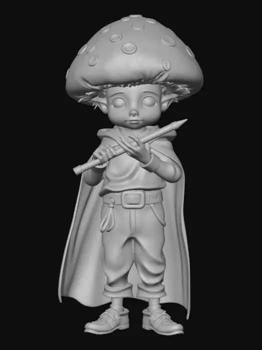 3D model for Молодой гриб-гуманноид бард с флейтой в руках, фиолетовая шапочка гриба, белая кожа, чёрные глаза, зелёная рубашка и плащ