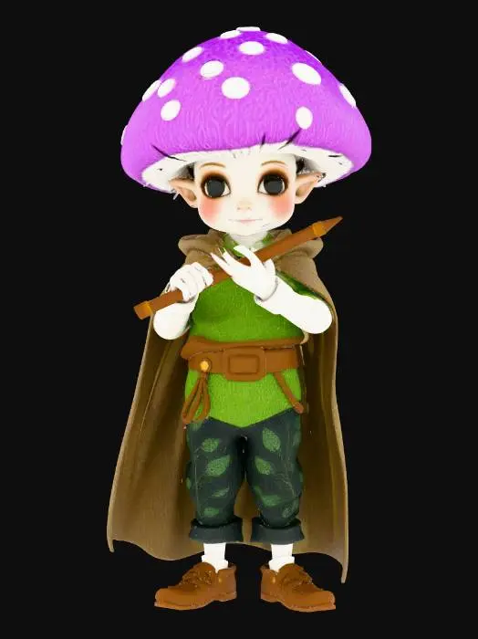 3D model for Молодой гриб-гуманноид бард с флейтой в руках, фиолетовая шапочка гриба, белая кожа, чёрные глаза, зелёная рубашка и плащ