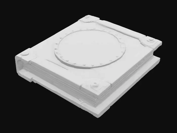 3D model for A majestic cartoon-style ancient spellbook with a sturdy, adventurous look. The cover is carved from rugged volcanic-gray redwood, its grain clearly visible and its edges slightly worn. A massive metal plate with a sunset-orange sheen is set in the center, engraved with simplified ancient runes. The pages are thick, pale aqua-green, and slightly curled at the edges, giving the whole book a solid, time-worn epic feel.