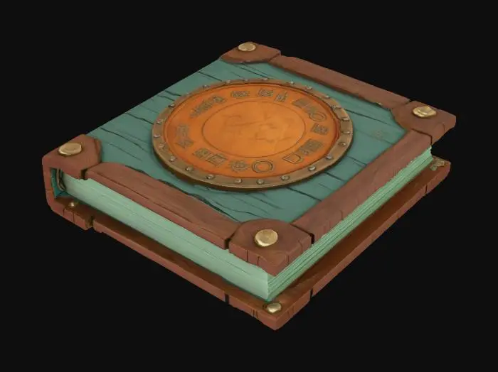 3D model for A majestic cartoon-style ancient spellbook with a sturdy, adventurous look. The cover is carved from rugged volcanic-gray redwood, its grain clearly visible and its edges slightly worn. A massive metal plate with a sunset-orange sheen is set in the center, engraved with simplified ancient runes. The pages are thick, pale aqua-green, and slightly curled at the edges, giving the whole book a solid, time-worn epic feel.