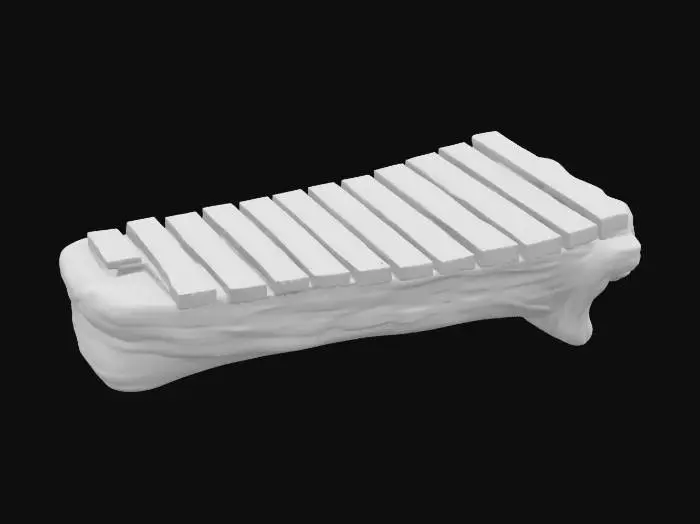 3D model for A stylized 3D render of a primitive xylophone consisting of cracked volcanic stone bars with glowing lava fissures, supported on scorched wooden frame, warm emissive highlights, PBR shader, dark background  
