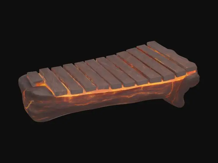 3D model for A stylized 3D render of a primitive xylophone consisting of cracked volcanic stone bars with glowing lava fissures, supported on scorched wooden frame, warm emissive highlights, PBR shader, dark background  
