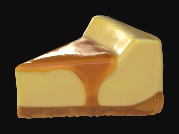 3D model for a slice of caramel dripping vanilla cheesecake. 