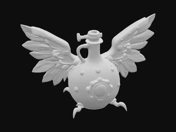 3D model for A mid-sized potion flask, distinguished by its stylized, symmetrical wings extending from each side. The flask's main body is patinated copper, exhibiting a distinct greenish oxidation and subtle worn edges that reveal the underlying metal. Polished brass piping gracefully outlines the wings and body seams, secured with small rivets. A vivid circular red glass module is centrally positioned on the front, firmly held by ornate brass claws. The flask presents a blend of rugged and refined textures.
