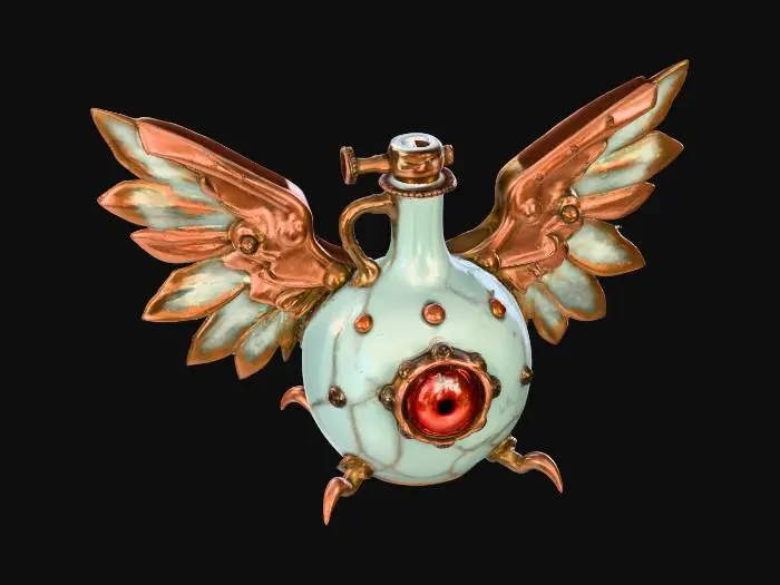 3D model for A mid-sized potion flask, distinguished by its stylized, symmetrical wings extending from each side. The flask's main body is patinated copper, exhibiting a distinct greenish oxidation and subtle worn edges that reveal the underlying metal. Polished brass piping gracefully outlines the wings and body seams, secured with small rivets. A vivid circular red glass module is centrally positioned on the front, firmly held by ornate brass claws. The flask presents a blend of rugged and refined textures.
