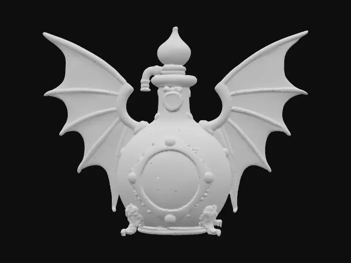 3D model for A mid-sized potion flask, distinguished by its stylized, symmetrical wings extending from each side. The flask's main body is patinated copper, exhibiting a distinct greenish oxidation and subtle worn edges that reveal the underlying metal. Polished brass piping gracefully outlines the wings and body seams, secured with small rivets. A vivid circular red glass module is centrally positioned on the front, firmly held by ornate brass claws. The flask presents a blend of rugged and refined textures.