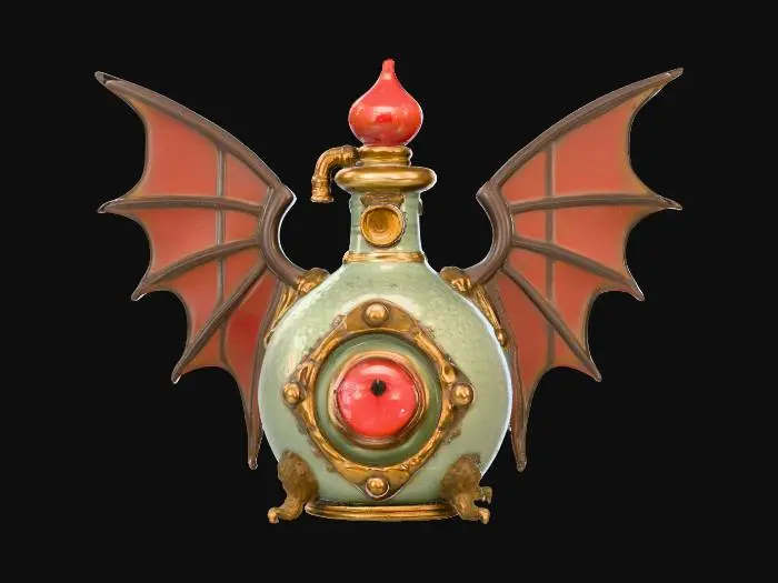 3D model for A mid-sized potion flask, distinguished by its stylized, symmetrical wings extending from each side. The flask's main body is patinated copper, exhibiting a distinct greenish oxidation and subtle worn edges that reveal the underlying metal. Polished brass piping gracefully outlines the wings and body seams, secured with small rivets. A vivid circular red glass module is centrally positioned on the front, firmly held by ornate brass claws. The flask presents a blend of rugged and refined textures.