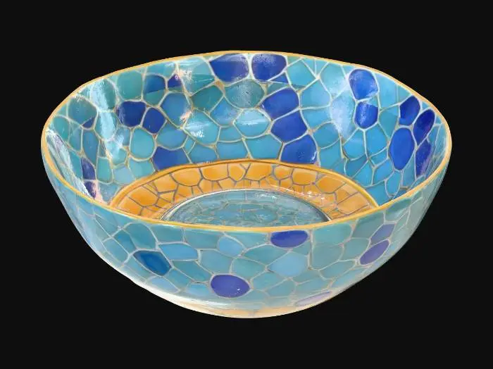 3D model for A contemporary porcelain serving plate with a wide, flat rim and a shallow, irregular basin, finished in a striking deep indigo blue glaze. The surface is exceptionally smooth and cool to the touch, reflecting ambient light with a profound, mirror-like gloss. Subtle, almost imperceptible raised geometric patterns provide a delicate texture, giving the plate a modern, sophisticated PBR appearance.