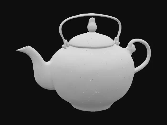 3D model for A round porcelain tea pot with an intricate cobalt blue and white dragon motif, glossy glaze, ornate curved spout, gold-plated handle, fine embossed texture, photographed in warm morning sunlight.