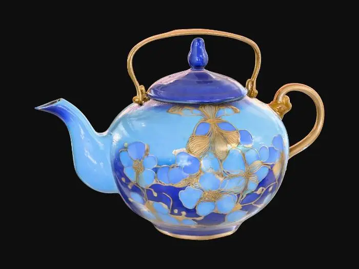 3D model for A round porcelain tea pot with an intricate cobalt blue and white dragon motif, glossy glaze, ornate curved spout, gold-plated handle, fine embossed texture, photographed in warm morning sunlight.