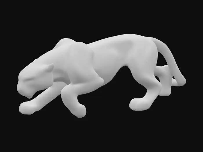 3D model for A lithe ceramic panther figurine, captured in a dynamic, low-crouching pose, poised to pounce. Its slim, powerful body is adorned with a glossy two-tone glaze; a deep, polished espresso brown covers most of its form, while a soft, creamy beige highlights its underbelly, inner legs, and muzzle. The sculpture features smooth, cool curves with no visible texture, showcasing sleekness and predatory elegance.