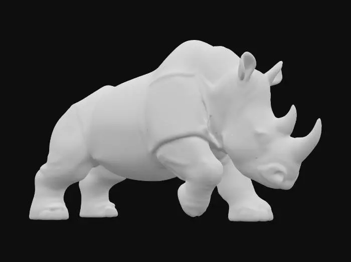 3D model for A powerful ceramic rhinoceros figurine, depicted mid-charge with its head lowered and short, thick legs pushing forward. Its robust, chunky body is coated in a glossy two-tone glaze: a dark, earthy brown for its armor-like skin, highlighted by creamy beige on its underbelly and inner limbs. The sculpted form is smooth and cool, reflecting light intensely, conveying raw, unstoppable force.