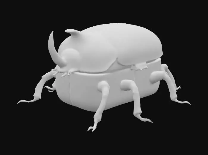 3D model for A robust, stylized beetle-shaped container, with a heavily chipped yellow upper shell featuring faded black stenciled markings. Its lower body is comprised of two hinged panels, each painted with stark black and white diagonal hazard stripes, showing wear and scuffs. Six segmented, gnarled brown metallic legs extend from its sides, and a prominent, ridged horn juts from its head. The container feels cold and solid, with a rough, distressed texture.