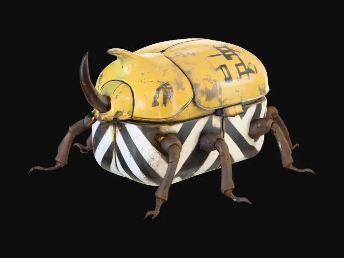 3D model for A robust, stylized beetle-shaped container, with a heavily chipped yellow upper shell featuring faded black stenciled markings. Its lower body is comprised of two hinged panels, each painted with stark black and white diagonal hazard stripes, showing wear and scuffs. Six segmented, gnarled brown metallic legs extend from its sides, and a prominent, ridged horn juts from its head. The container feels cold and solid, with a rough, distressed texture.