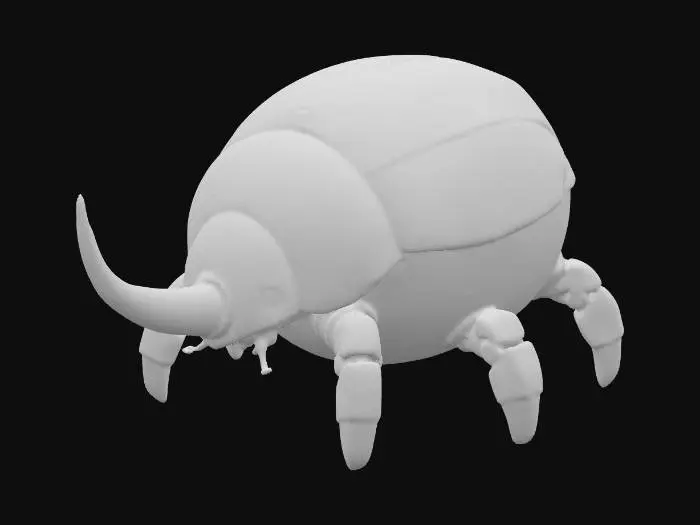 3D model for A plump robotic rhino beetle with a smooth round shape, weathered yellow top shell covered in faded symbols, white body with diagonal black stripes, a glossy metallic horn, bronze mechanical legs, realistic worn paint, sci-fi concept art style, studio render.