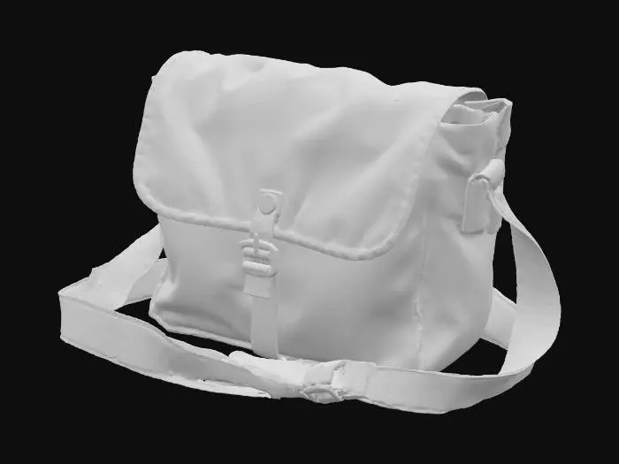 3D model for A vintage army messenger bag, compact and rectangular, in a muted, desaturated olive green canvas. The fabric is thick and slightly stiff, with faint, discolored streaks that hint at its age. It has a single main compartment with a buckle-down flap closure. A wide, adjustable canvas shoulder strap is attached, giving it a lightweight yet durable and authentic, worn tactile quality for carrying documents or small tools.