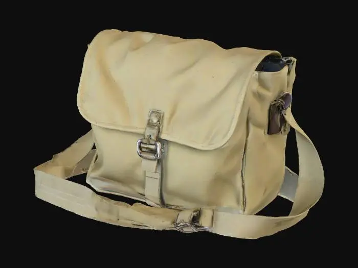 3D model for A vintage army messenger bag, compact and rectangular, in a muted, desaturated olive green canvas. The fabric is thick and slightly stiff, with faint, discolored streaks that hint at its age. It has a single main compartment with a buckle-down flap closure. A wide, adjustable canvas shoulder strap is attached, giving it a lightweight yet durable and authentic, worn tactile quality for carrying documents or small tools.