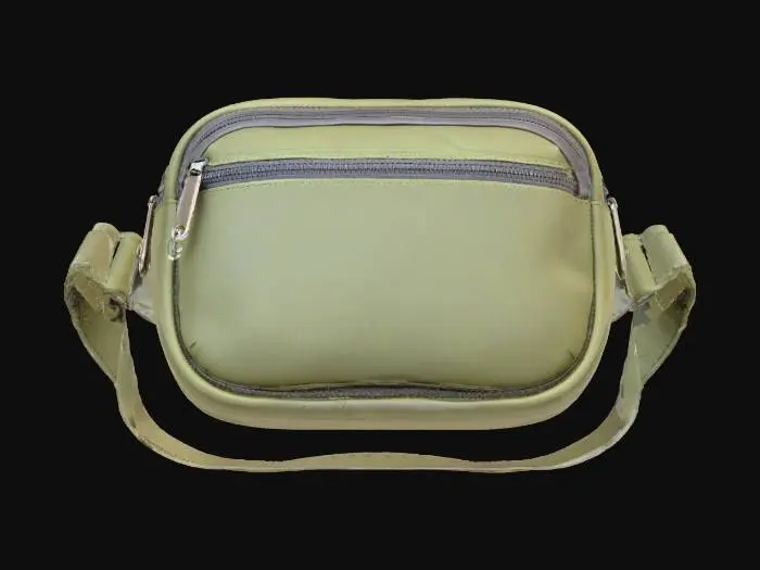 3D model for A compact, hands-free waist pack, crafted from durable, medium olive green canvas. Its rounded, ergonomic shape features a zippered main compartment and a smaller front pocket. The canvas feels smooth yet tough, with a fine, even weave. An adjustable webbed strap allows it to sit snugly around the waist, making it lightweight yet feeling incredibly robust and practical for carrying small essentials.