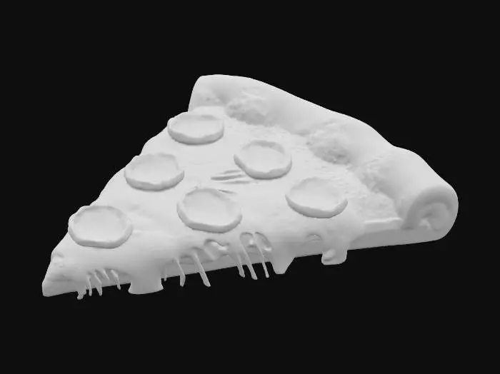 3D model for A triangular slice of pizza with a golden-brown, slightly puffed crust edge. Its surface is covered in rich, melted mozzarella cheese, creating a glossy, stretchy appearance with occasional caramelized spots. Bright red pepperoni slices with curled edges are scattered across the cheese, resting on a layer of savory tomato sauce. #food#