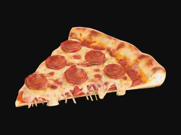 3D model for A triangular slice of pizza with a golden-brown, slightly puffed crust edge. Its surface is covered in rich, melted mozzarella cheese, creating a glossy, stretchy appearance with occasional caramelized spots. Bright red pepperoni slices with curled edges are scattered across the cheese, resting on a layer of savory tomato sauce. #food#