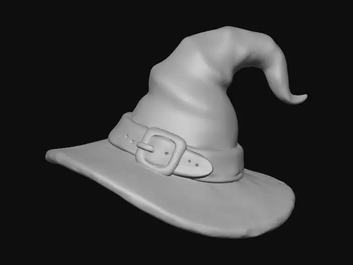 3D model for Clay-like stylized 3D model of a witch’s hat with chunky oversized brim and curved tip. 
Matte clay surface with subtle clay grain and imperfections. 
Body in gradient tones from deep purple to dark navy, 
belt strap in gradient black to gray with golden buckle. 
Toy-like handmade aesthetic with soft studio lighting and shadows.