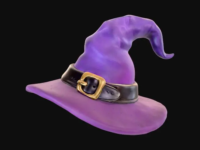 3D model for Clay-like stylized 3D model of a witch’s hat with chunky oversized brim and curved tip. 
Matte clay surface with subtle clay grain and imperfections. 
Body in gradient tones from deep purple to dark navy, 
belt strap in gradient black to gray with golden buckle. 
Toy-like handmade aesthetic with soft studio lighting and shadows.