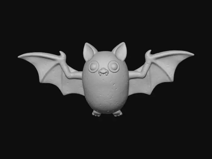 3D model for Clay-like stylized 3D model of a Halloween bat with chunky body and oversized wings. 
Matte clay surface with subtle imperfections. 
Body gradient from deep purple to black, 
eyes glowing in bright red-orange. 
Toy-like handmade look, rendered with soft lighting on a dark background.