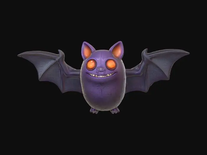 3D model for Clay-like stylized 3D model of a Halloween bat with chunky body and oversized wings. 
Matte clay surface with subtle imperfections. 
Body gradient from deep purple to black, 
eyes glowing in bright red-orange. 
Toy-like handmade look, rendered with soft lighting on a dark background.